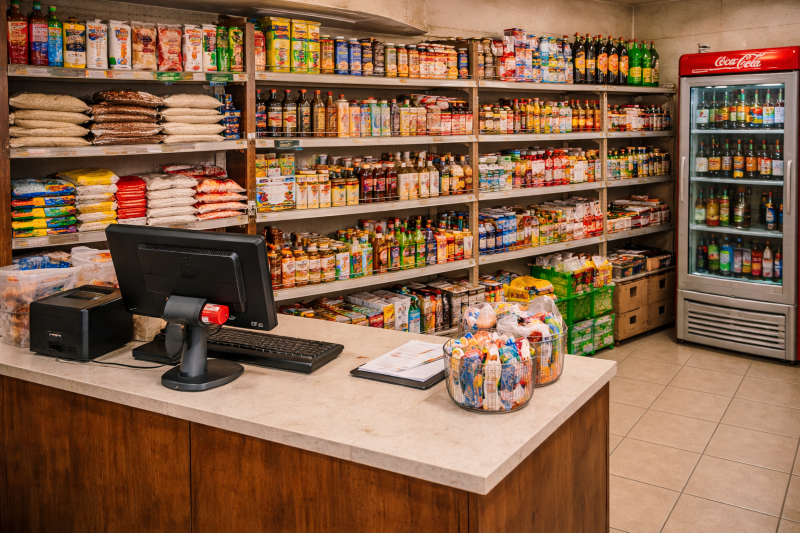Atendente em mercadinho usando computador