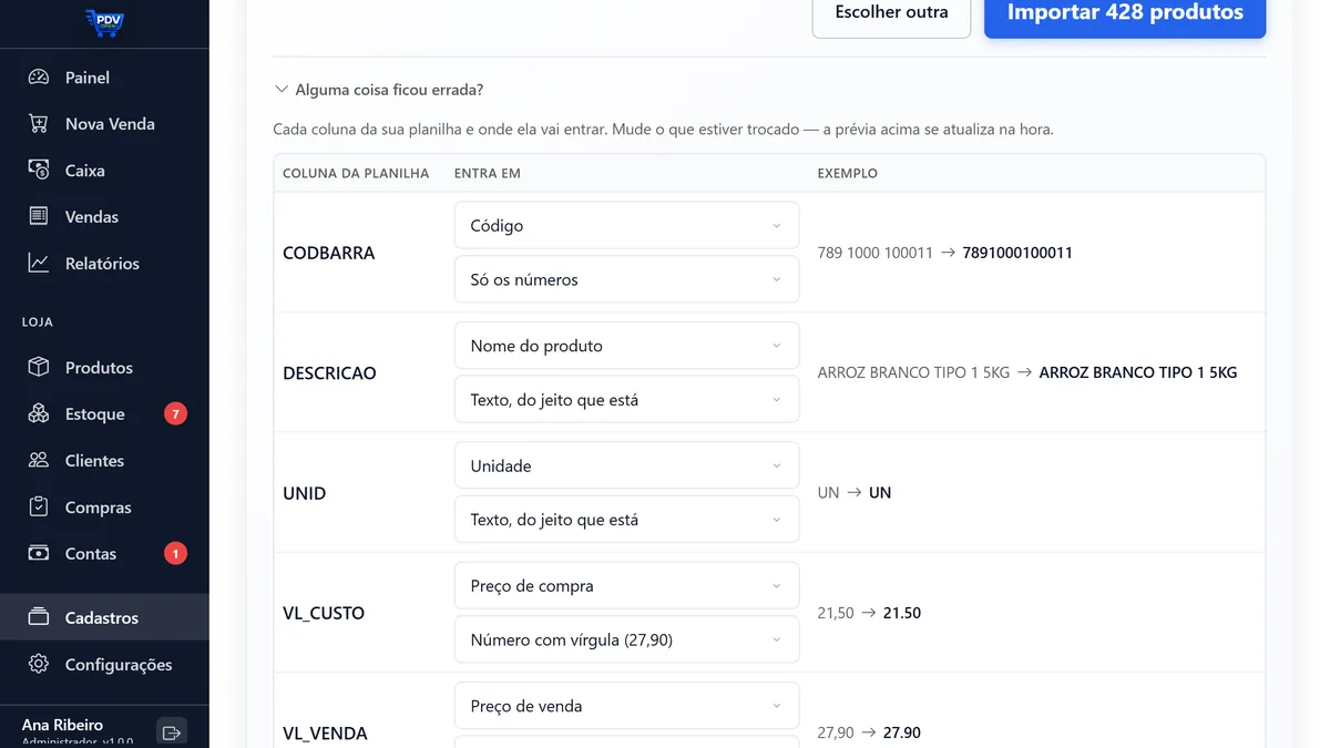 Importador de planilha do PDV Open mostrando o mapa das colunas antes de gravar